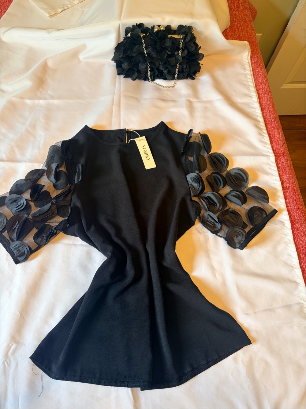 Elegant black blouse with Floral Mesh Sleeves with purse